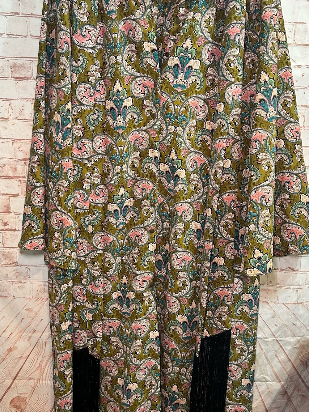 Traffic People Cinch Olive Paisley Midi Button Down Dress Tie Belt Kimono Duster - Picture 6 of 9